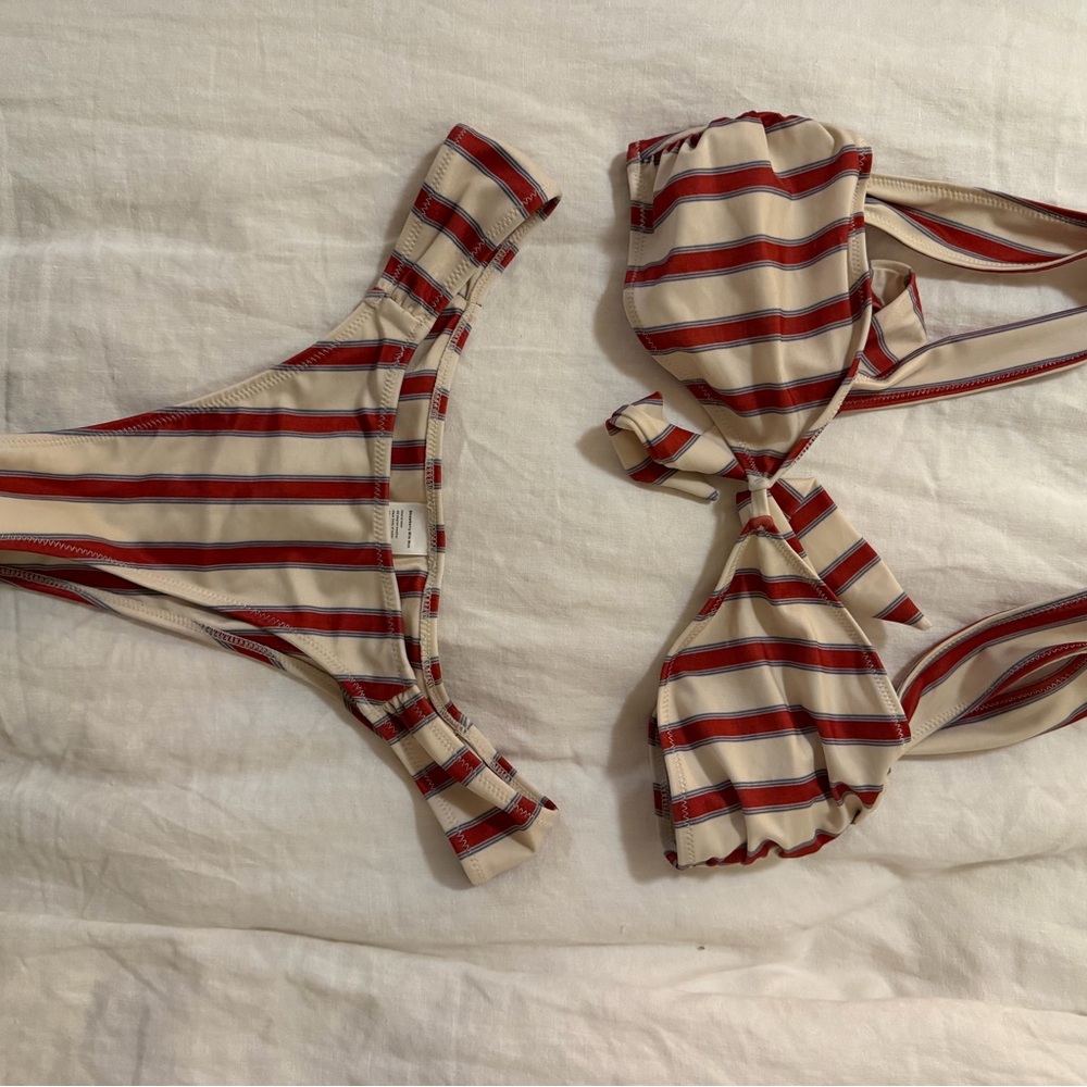 Strawberry Milk Mob Striped Tie-back Bikini top in Beige and Red